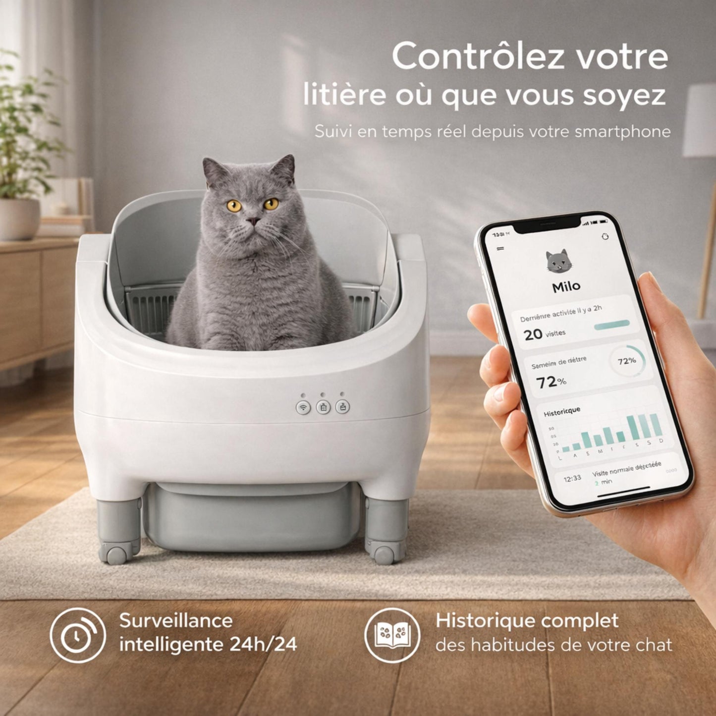 Litière autonettoyante connectée 76L ouverte pour chat – AURA