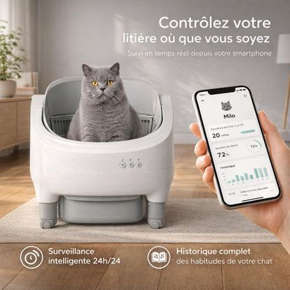 Litière autonettoyante connectée 76L ouverte pour chat – AURA