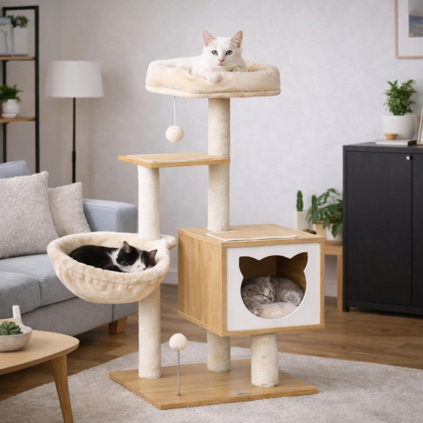 Arbre à chat bois compact avec niches et hamac  – NARO