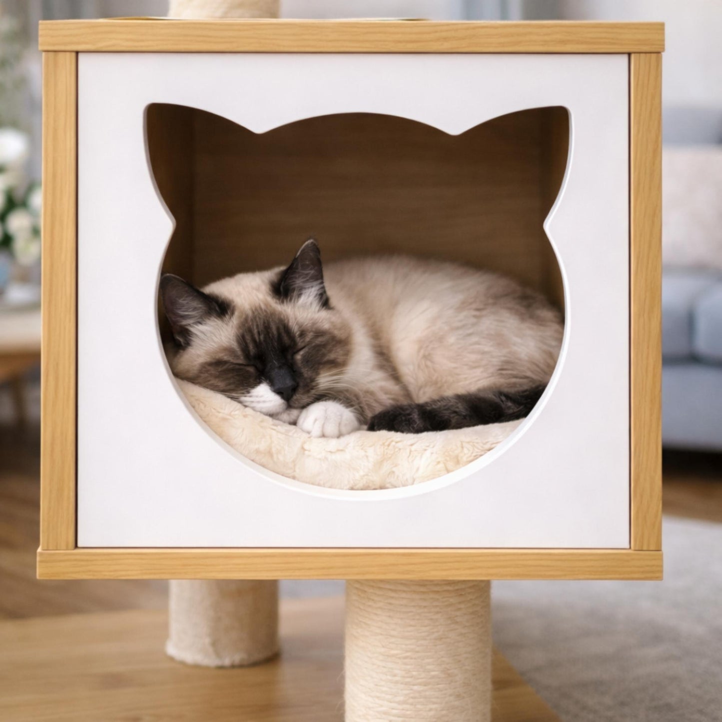 Arbre à chat bois compact avec niches et hamac  – NARO
