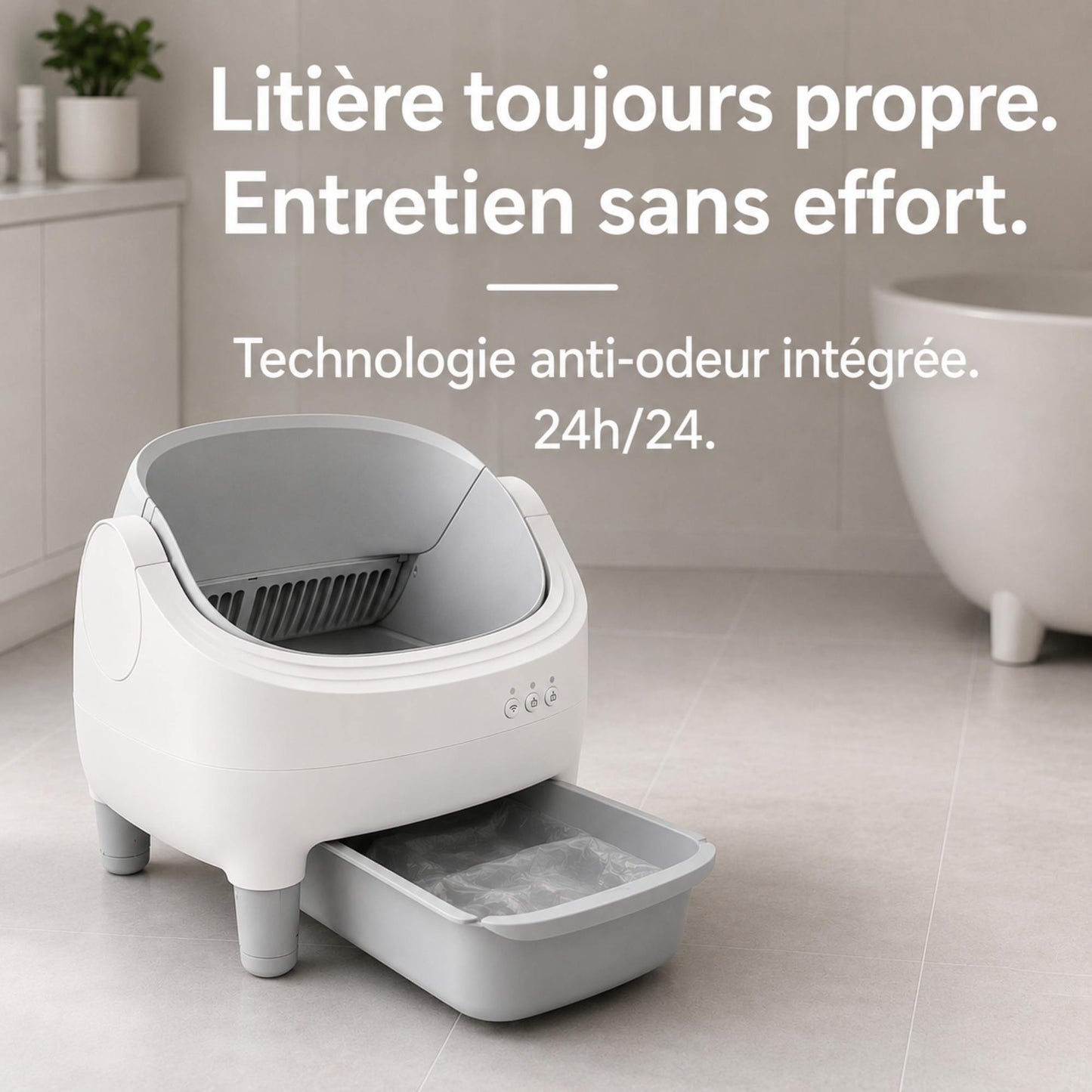 Litière autonettoyante connectée 76L ouverte pour chat – AURA